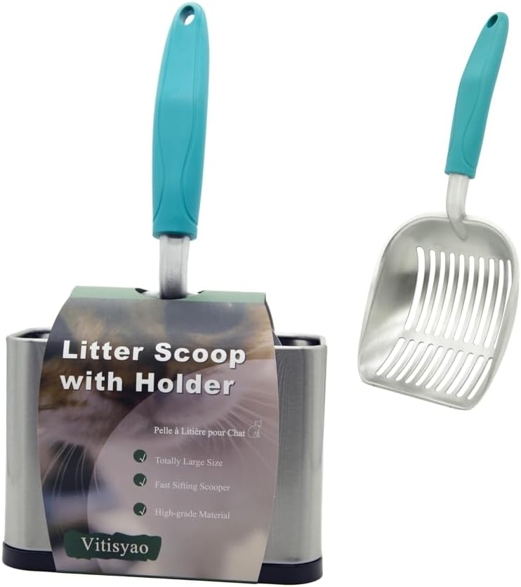 Vitisyao Metal Heavy Duty Cat Litter Scoop with Holder, Stainless Steel Kitty Litter Scooper Caddy for Litter Box, Aluminum Speed Sifter with Non-Slip Handle - Image 1